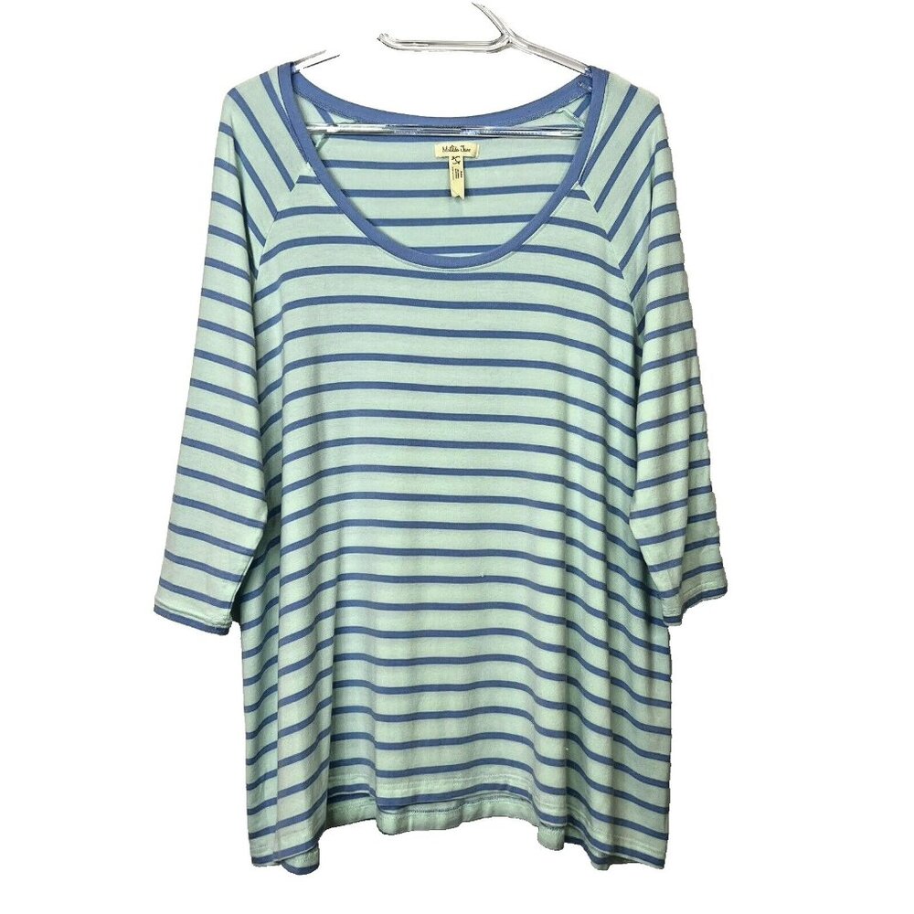 Matilda Jane Top Womens Large Blue Striped Oversize Tee 3/4 Sleeve Scoop Neck